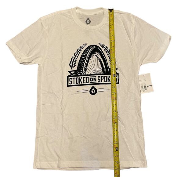 Stoked On Spokes White Cotton Blend Cycling Shirt Size Small - Picture 2 of 3